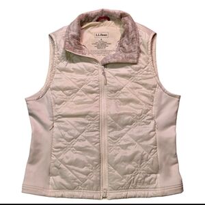 L.L.Bean Cream Quilted PrimaLoft Vest Faux Fur Collar Size Small